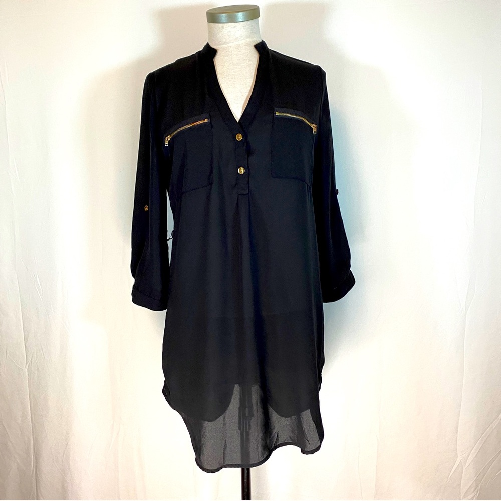 Town House Shops sheer black blouse dress, size Medium